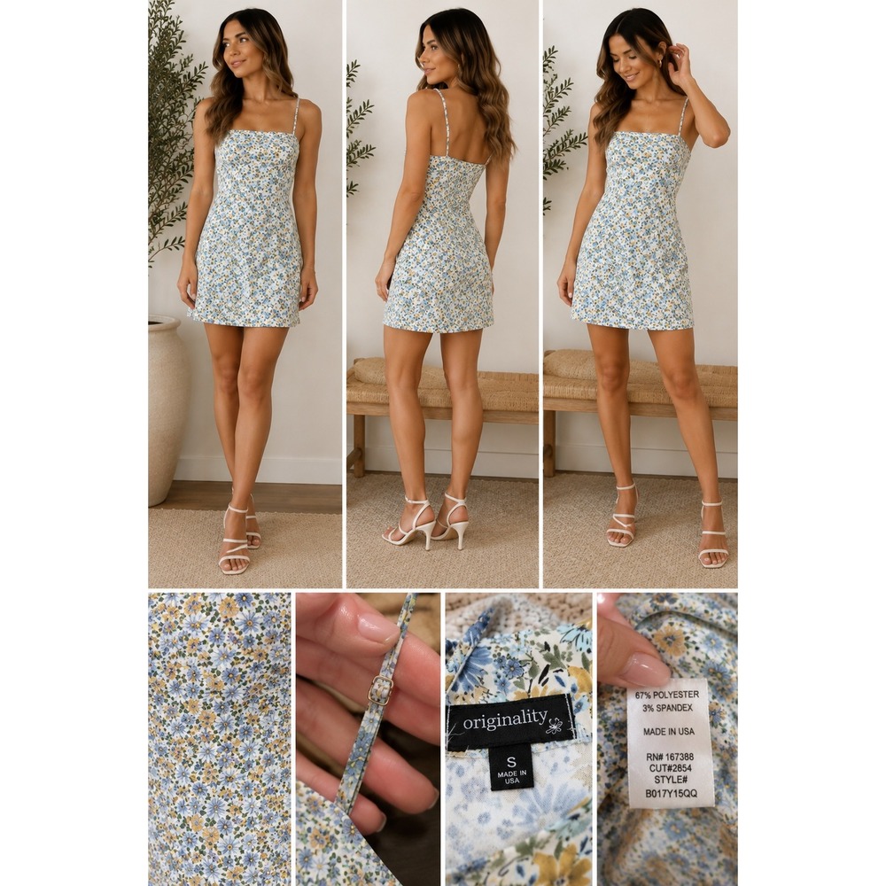 Originality Blue Yellow Floral Mini Dress Spaghetti Strap Women's S